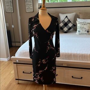 Floral Black Long Sleeve Dress featuring collard crisscross
